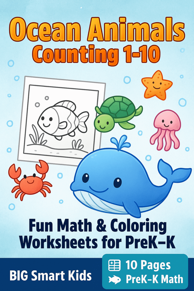 Ocean Animals Counting 1–10 — Fun Math & Coloring Worksheets for PreK–K