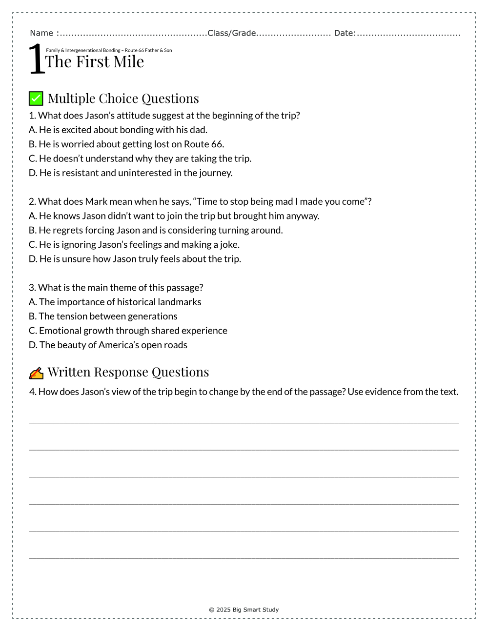Route 66 Father-Son Reading Comprehension Worksheets – Emotional Growth & Family Bonding (Grades 8–10) - Image 3