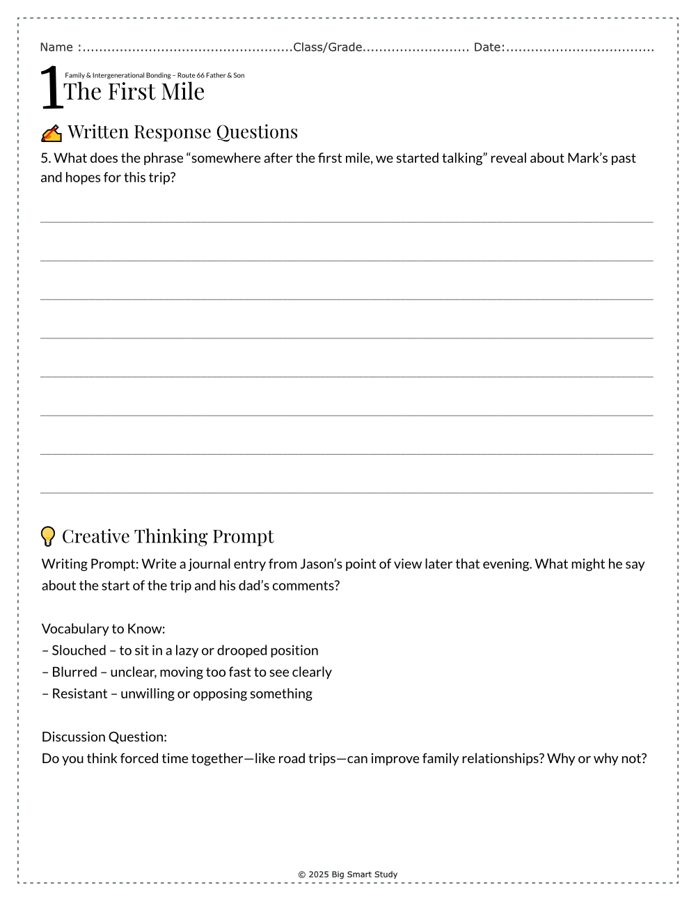 Route 66 Father-Son Reading Comprehension Worksheets – Emotional Growth & Family Bonding (Grades 8–10) - Image 4