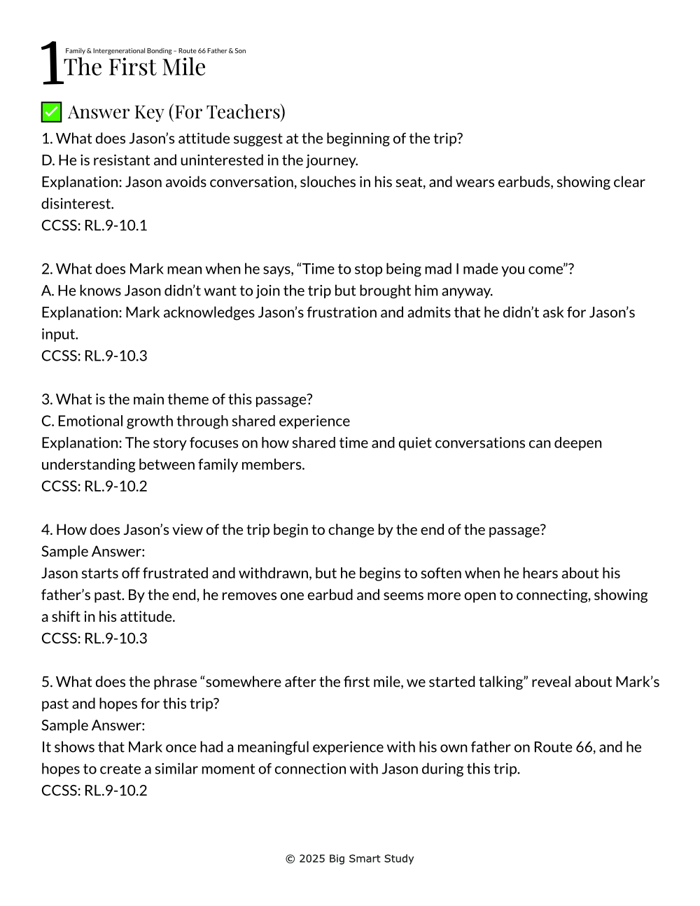 Route 66 Father-Son Reading Comprehension Worksheets – Emotional Growth & Family Bonding (Grades 8–10) - Image 5