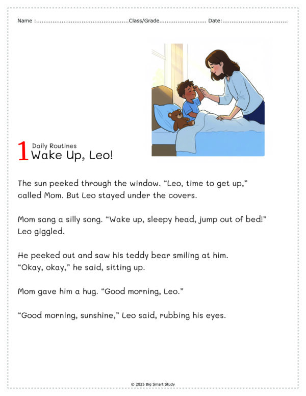 Daily Routines – Grade 1 Reading Comprehension Passages and Questions (10 Worksheets) - Image 2