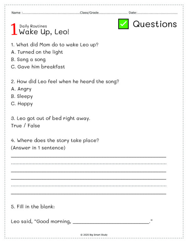 Daily Routines – Grade 1 Reading Comprehension Passages and Questions (10 Worksheets) - Image 3