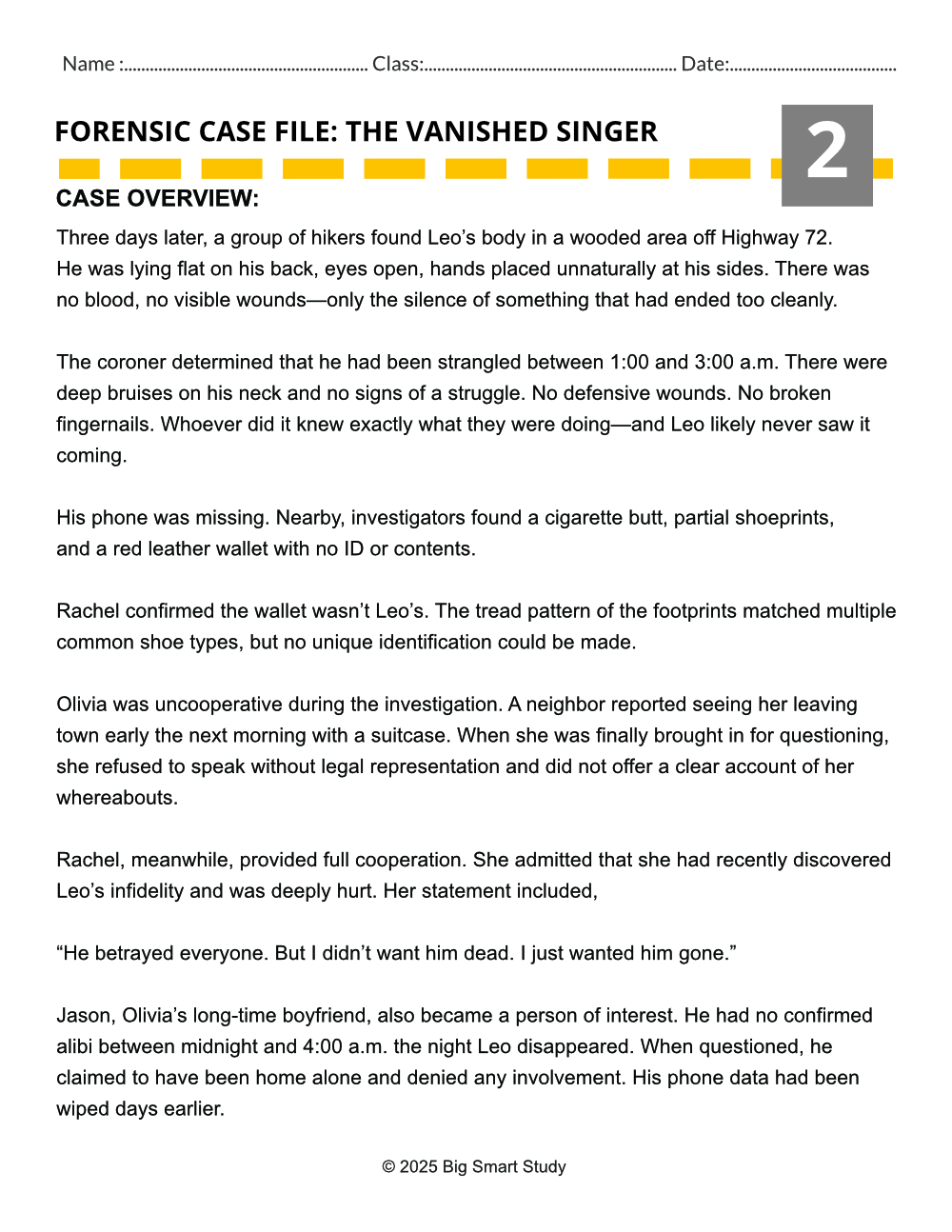 The Vanished Singer – Forensic Mystery Reading & Writing Activity (Grades 9–10) - Image 2