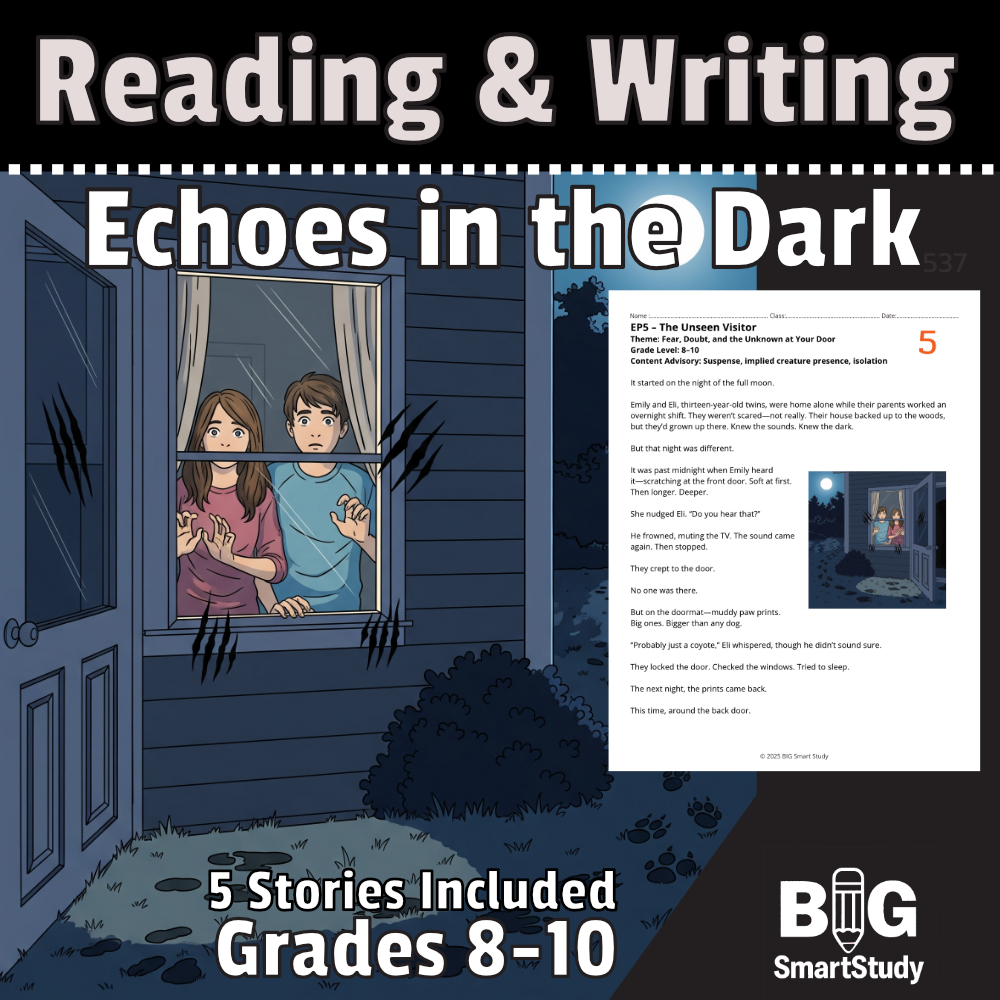 Teen Suspense Stories with Reading & Reflective Writing – Echoes in the Dark (Grades 8–10)