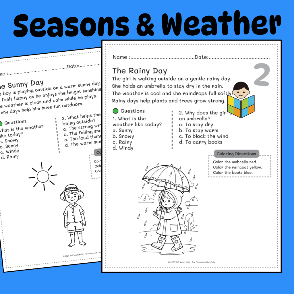 Seasons & Weather Read & Color Worksheets (K–1) - Image 2