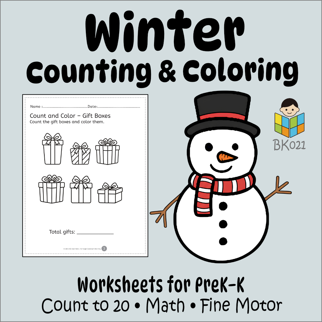 Winter Counting & Coloring Worksheets (PreK–K)